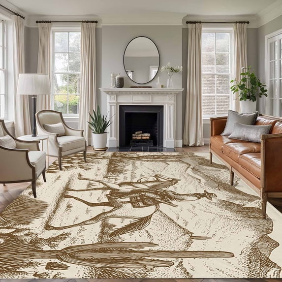Beige Western Farmhouse Area Rugs 5'x7', Washable Small Throw Rugs for Laundry Room Playroom, Vintage Cowboys Cactus Indoor Outdoor Rug Non-Slip Low Pile Carpet Runner Reversible Floor Mats