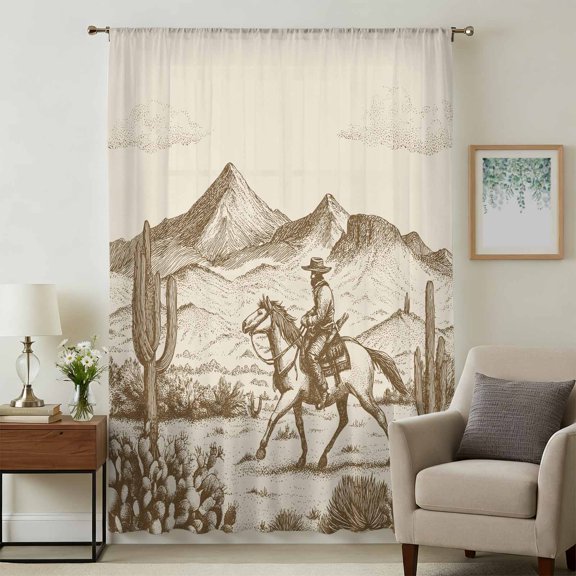 Beige Western Farmhouse Sheer Curtains 54 Inches Long for Bedroom, Vintage Cowboys Cactus Light Filtering Privacy Drapes, Breathable Semi Sheer Window Treatment for Bathroom Dining Room Kitchen