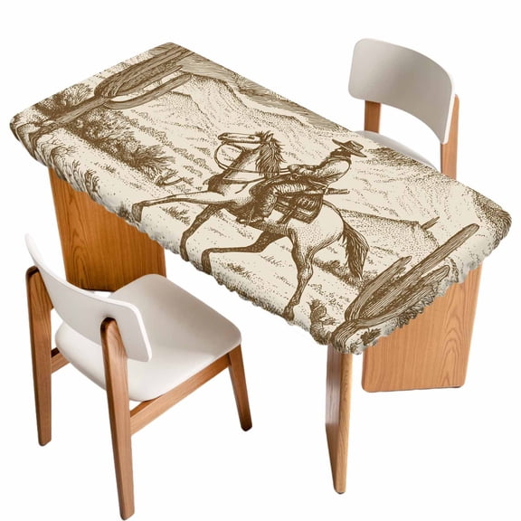 Beige Western Farmhouse Table Cloths for 4 Foot Rectangle Tables, Vintage Cowboys Cactus Patio Waterproof Elastic Fitted Tablecloths, Washable Rectangular Table Cover for Camping