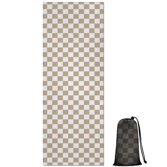 Beige and White Checkerboard Pattern Hot Yoga Mat Towel Non Slip for Hot Yoga - Quick-Drying Yoga Mat Cover with 4 Corner Pockets with Travel Bag - Hot Yoga Towel Non Slip 70"x26"