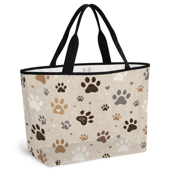 Beige White Dog Paws Beach Bag for Women, Large Breathable Mesh Beach Tote Bag, Cute Puppy Paw Prints Sandproof Lightweight Travel Bags for Vacation Picnic Swimming Pool 15.7"x15.7"x9.1"