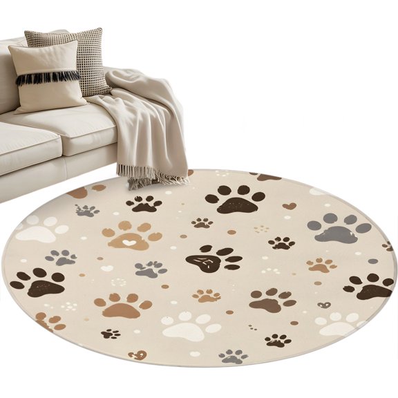 Beige White Dog Paws Round Rug 3ft Washable Circle Entryway Rugs Non Slip Cute Puppy Paw Prints Area Rug Indoor Floor Carpet for Bedroom Kitchen Living Room Home Office Dining Room Nursery