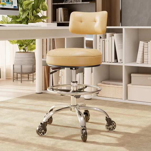 Beige White Drafting Stool With Adjustable Height, Swivel Base