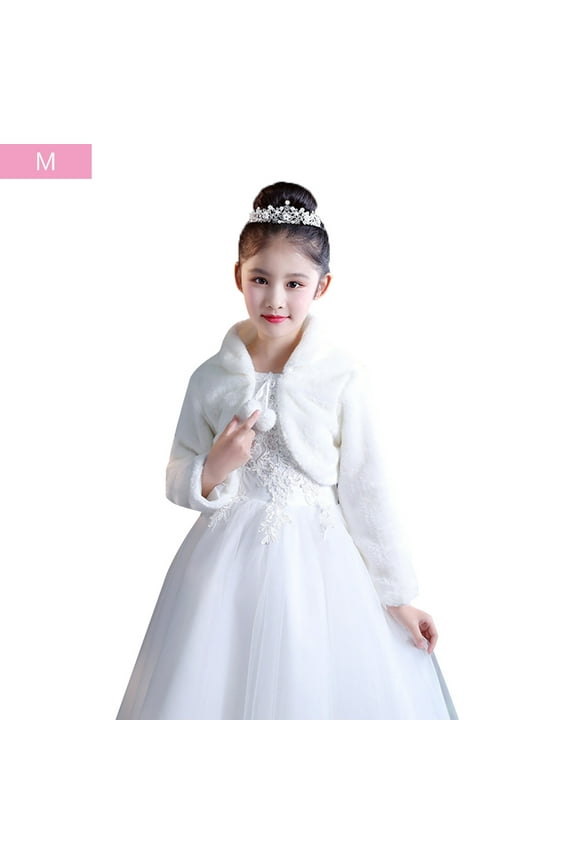 Beige White Elegant Warm Faux Fur Shawl Wedding Flower Girl Wrap Plush Short Coa