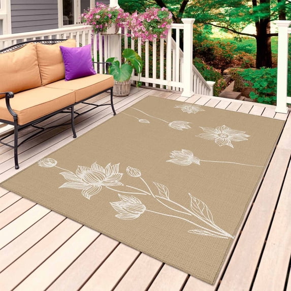 Beige White Floral Outdoor Rug for Patio/Deck/Porch, Non-Slip Large Area Rug 6 x 9 Ft, Abstract Art Summer Botanical Indoor Outdoor Rugs Washable Area Rugs, Reversible Camping Rug Carpet Runner