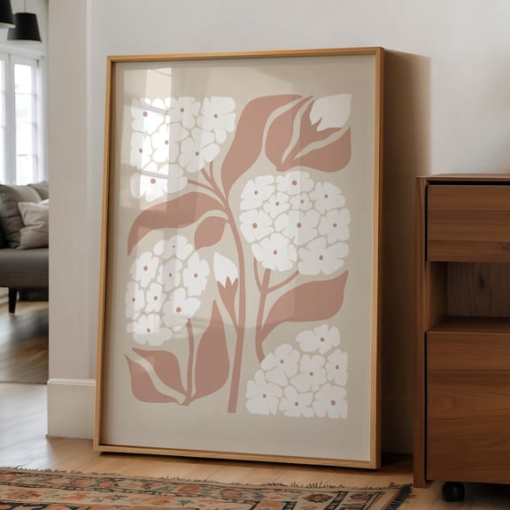 Beige & White Flower Print Art, Boho Floral Art Neutral Botanical Print, White Hydrangeas Print Spring Floral Soft Neutral Decor UNFRAMED PAPER POSTER, Home Decor, Vintage Gift, Living Room Dercor