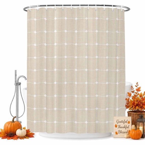 Beige White Gingham Shower Curtain, Waterproof Shower Curtains for Bathroom, Modern Minimalist Geometric Plaid Washable Fabric Bathtub Curtain Set Bath Decor with 12 Hooks Long 72"x84"