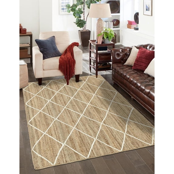 Beige with White Indian Handmade Braided Daimond Design Area Rug 3 x 6 Feet (91 cm x 183 cm), For Living Room, Bedroom, Dining Room, Hallways & Entryways