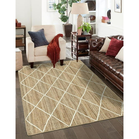 Beige with White Indian Handmade Braided Daimond Design Area Rug 6 x 7 Feet (183 cm x 213 cm), For Living Room, Bedroom, Dining Room, Hallways & Entryways
