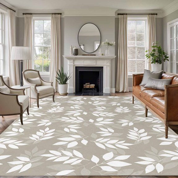 Beige White Leaves Area Rugs 5x8 for Living Room, Spring Pastoral Rustic Botanical Non Slip Washable Rug Runner, Low Pile Indoor Floor Carpet Mat Bathroom Rugs for Bedroom, Kids Room