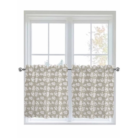 Beige White Leaves Half Window Curtain 36 Inches Long, Spring Pastoral Rustic Botanical Window Treatment Curtain Drapes, Small Tier Curtains for Bathroom Over Sink, 27.5"x36", 2 Panels