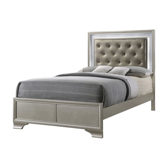 Beige & White Led Twin Size Bed With Crocodile Skin Texture Headboard Panel Upholstery And Decoration