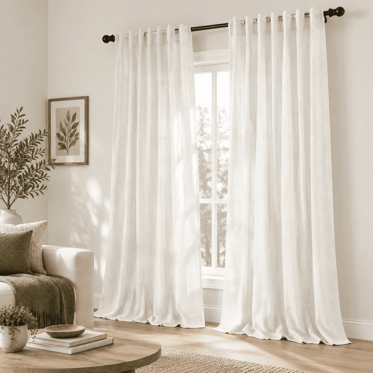 Beige White Linen Blend Curtain Panels, 52