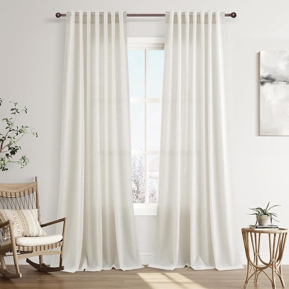 Beige White Linen Semi-Sheer Curtains 108" Long, Boho Farmhouse Back Tab Rod Pocket Drapes, 2 Panels