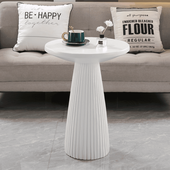 Beige White Magnesium Oxide Fluted Base Side Table, 17.72" Diameter Round Accent Table
