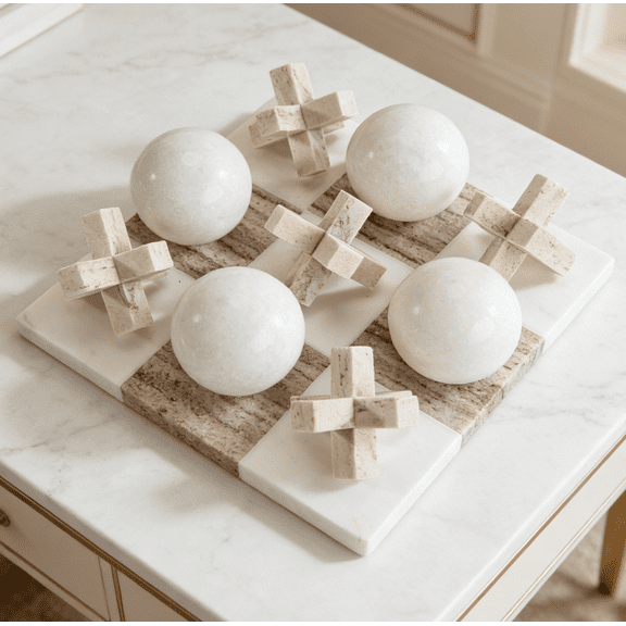 Beige and White Marble Tic Tac Toe Board, 10×10×13 Inch Sculptural Game Set, Hand-Polished Satin Finish Marble Board, Modern Home Decor for Living Room, Coffee Table, Office