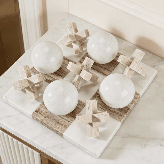 Beige and White Marble Tic Tac Toe Board, 10×10×13 Inch Sculptural Game Set, Hand-Polished Satin Finish Marble Board, Modern Home Decor for Living Room, Coffee Table, Office