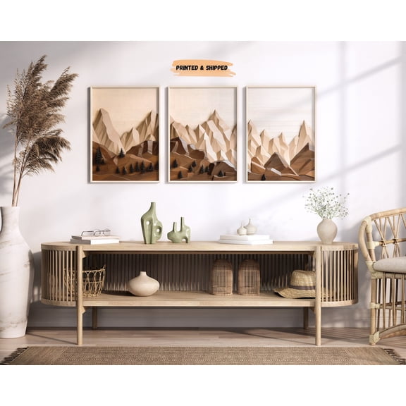 Beige White Mountain Minimal Wall Art Set 3 Stretched Canvas 8x12