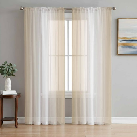 Beige White Ombre Semi Sheer Curtains 63 Inch Length 2 Panels Set, Country Minimalist Abstract Gradient Sheer Kitchen Curtain Privacy Voile Window Curtain for Living Room Bedroom Rod Pocket Drapes