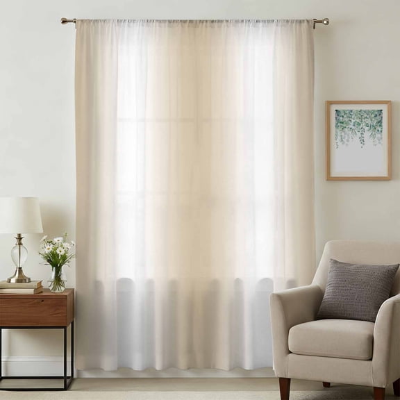 Beige White Ombre Sheer Curtains 72 Inches Long, Country Minimalist Abstract Gradient Light Filering Curtains, Breathable Simi Curtain Privacy Drapes for Living Room Bedroom Window Treatment