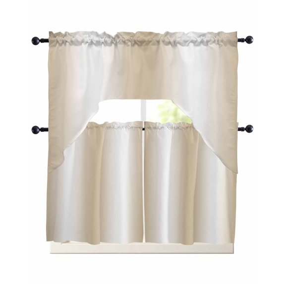 Beige White Ombre Swag Curtains for Living Room/Bedroom Windows, Country Minimalist Abstract Gradient Kitchen Curtains and Valances Set 36 Inch Length, Light Filtering Swags Valance Curtain Panels