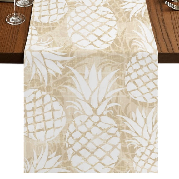 Beige White Pineapple Burlap Cotton Table Runner 13x72 Inches Long, Tropical Summer Botanical Fruits Farmhouse Table Runners, Outdoor Dining Tablecloths Decor for Baby Shower/Party/Wedding