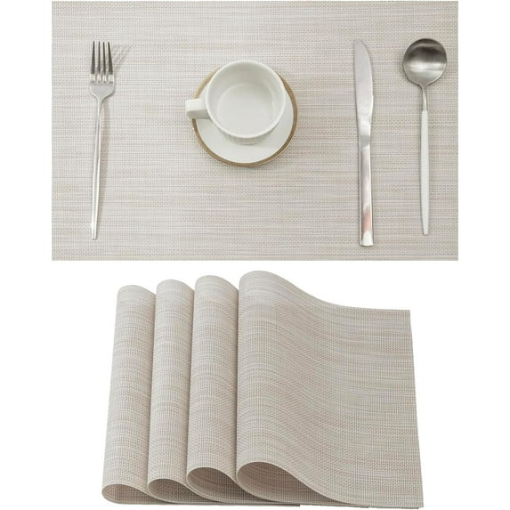Beige White Placemats Set of 4 - Heat Resistant Non-Slip Place mats for Dining Table, Washable Durable PVC Vinyl Woven Table Mats(Beige White, 4)