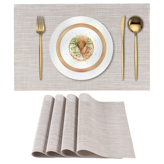 Beige White Placemats Set of 4 - Heat Resistant Non-Slip Table Placemats - Wipeable Washable PVC Plastic Vinyl Woven Table Mats,12x18 inch