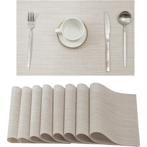 Beige White Placemats Set of 8 - Heat Resistant Non-Slip Place mats for Dining Table, Washable Durable PVC Vinyl Woven Table Mats(Beige White, 8)