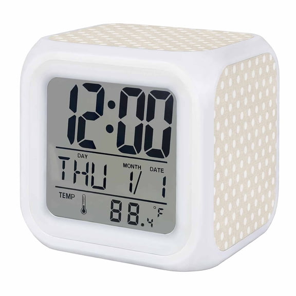 Beige White Polka Dots Digital Alarm Clock for Bedrooms, Smart LED Alarm Clock with 7 Color Changing Night Light, Modern Abstract Art Rustic Silent Wake Up Clocks for Sleep Study Cooking 3.2"x3.2"