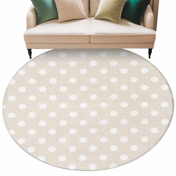 Beige White Polka Dots Round Rug 7ft Washable Circle Rugs Non Slip Modern Abstract Art Rustic Large Area Rug Indoor Floor Carpet for Bedroom Kitchen Living Room Home Office Dining Room Nursery