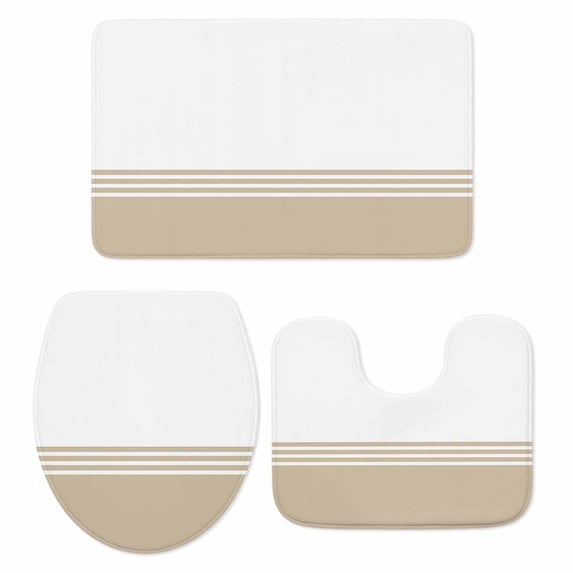 Beige White Striped Bath Mat 3 Piece Bathroom Rug Set, Modern Abstract Art Aesthetics Non Slip Bath Rug Contour Mat and Toilet Lid Cover, Absorbent Shower Mats Soft Bath Rugs and Mats Sets