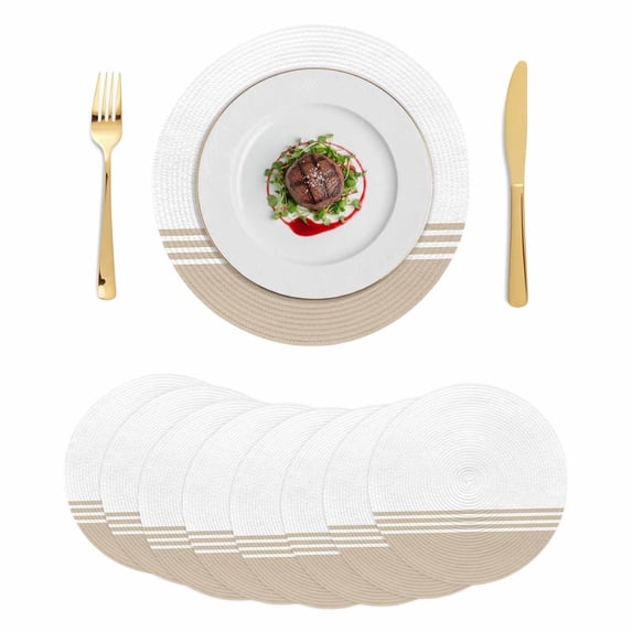 Beige White Striped Round 13 Inch Placemats Set of 8, Modern Abstract ...