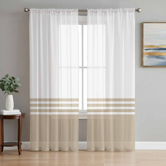 Beige White Striped Semi Sheer Window Curtains 96 Inches Long, Modern Abstract Art Aesthetics Rod Pocket Voile Silky Chiffon Curtain Light Filtering Drapes for Living Room, Kitchen, 52"x96", 2 Panels