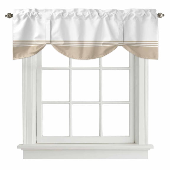 Beige White Striped Tie Up Valance Curtains for Windows, Kitchen Curtains Window Shades, Modern Abstract Art Aesthetics Light Filtering Roman Curtain Valances for Bedroom/Bathroom/Cafe 42"x12"
