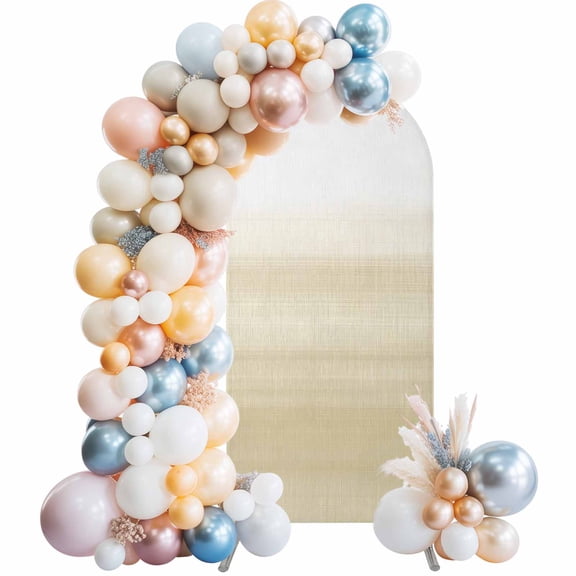 Beige White Stripes Arch Backdrop Cover 6.6Ft, Wedding Arch Covers Stretchy Backdrop, Farmhouse Modern Gradient Lines Fitted 2 Sided Arched Photo Background for Birthday Party Decorations