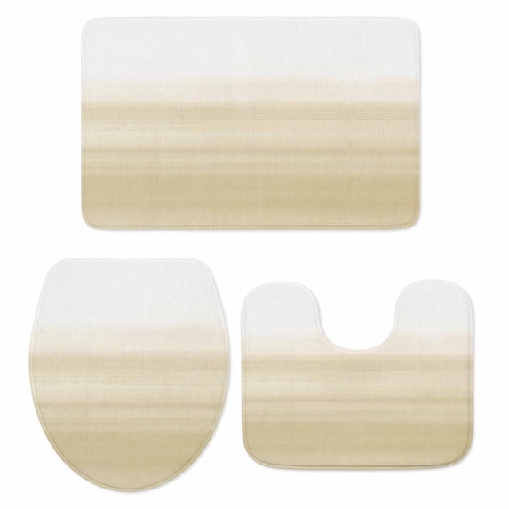 Beige White Stripes Bath Mat 3 Piece Bathroom Rug Set, Farmhouse Modern Gradient Lines Non Slip Bath Rug Contour Mat and Toilet Lid Cover, Absorbent Shower Mats Soft Bath Rugs and Mats Sets