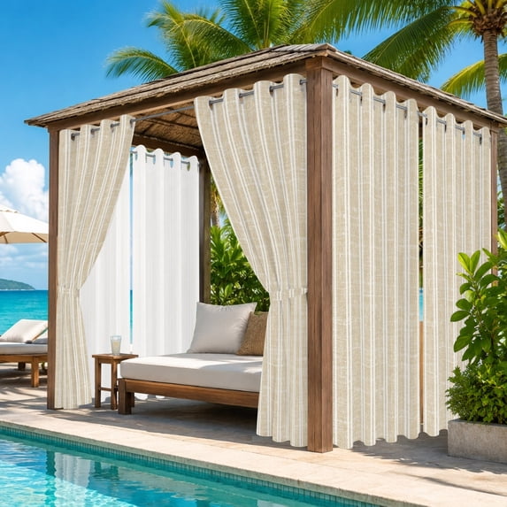 Beige White Stripes Outdoor Curtains for Patio, Rustic Warm Beige Lines Linen Texture Waterproof Outside Curtains Privacy Blackout Curtain for Porch Pergola Cabana, 1 Panel 54W x 84L Inch