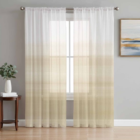 Beige White Stripes Semi Sheer Curtains 108 Inch Length 2 Panels Set, Farmhouse Modern Gradient Lines Sheer Kitchen Curtain Privacy Voile Window Curtain for Living Room Bedroom Rod Pocket Drapes