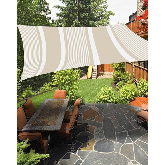Beige White Stripes Sun Shade Sail 14'X18' Lines Modern Vertical Stripes UV Block Outdoor Sail Shades Breathable Waterproof Rectangular Sunshade for Patio Garden Pool Pergola Porch