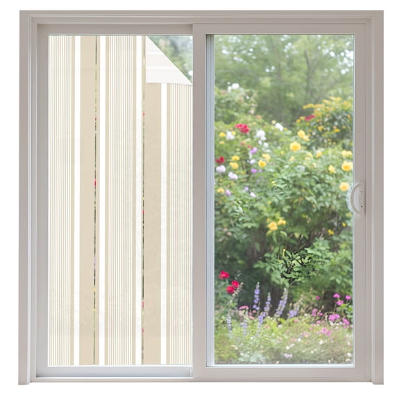 Beige White Stripes Window Privacy Film Lines Modern Vertical Stripes Decorative Glass Window Film UV Blocking Static Cling Non-Adhesive Sticker Covering for Home Door 35.4x78.7 inches