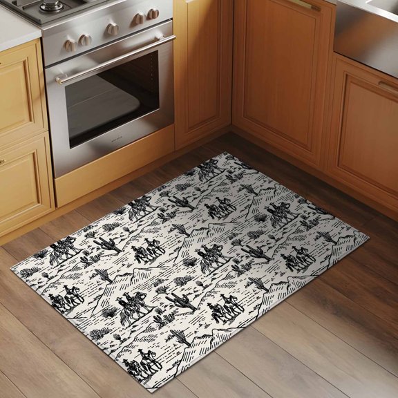 Beige White Western Cowboy 2x3 Rug for Entryway Front Door Kitchen Sink Area, Vintage Cactus Cowboy Hat Horse Mountain Low Pile Washable Non Slip Rectangle Area Rug