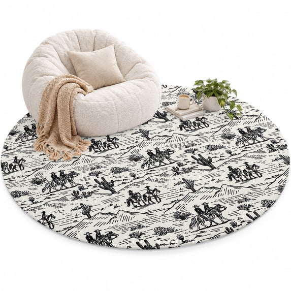 Beige White Western Cowboy Area Rug 3', Vintage Cactus Cowboy Hat Horse ...