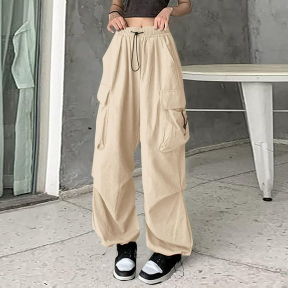 Beige Wide Leg Sweatpants Women Cargo Trousers Women's Baggy Wide Leg Trousers Hip Hop Y2K Streetwear Jogging Bottoms with Elastic Oversized Vintage 90s Track Pants Fashion Clothing