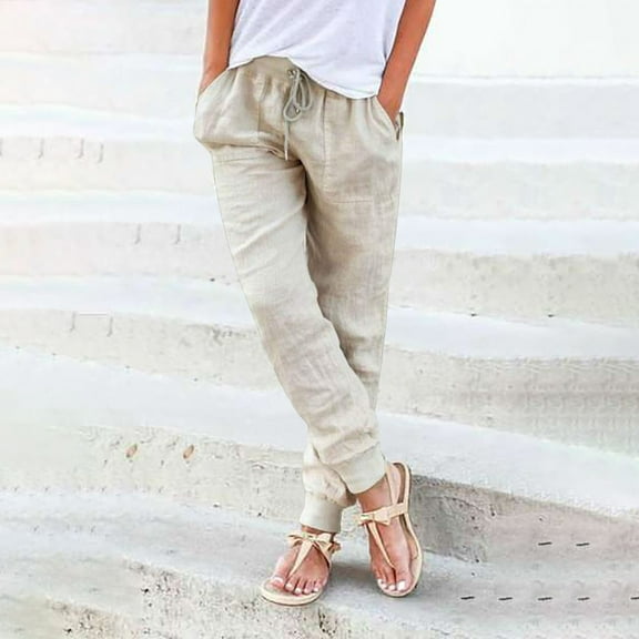 Beige Wide Leg Sweatpants Womens Elastic Waist Pants Casual Trousers with Pockets Fashion Clothing