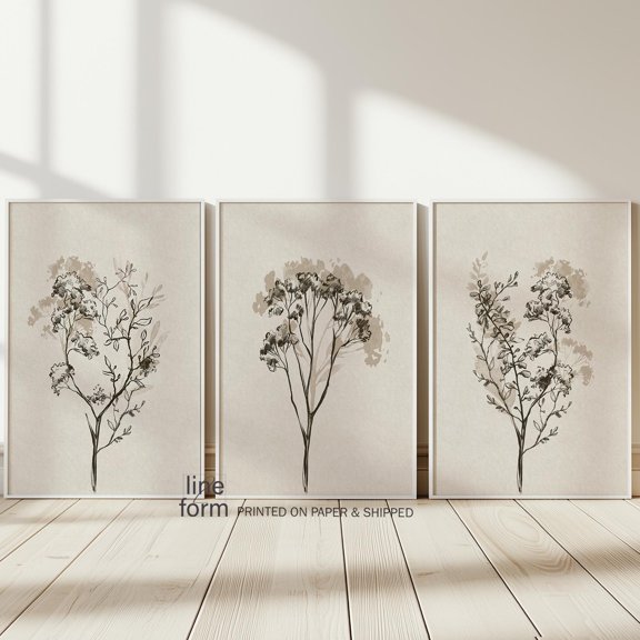 Beige Wildflower Prints Set Hand Drawn Botanical Wall Art Set 3