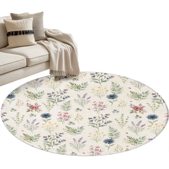 Beige Wildflowers Round Rug 3ft Washable Circle Entryway Rugs Non Slip Farmhouse Summer Botanical Area Rug Indoor Floor Carpet for Bedroom Kitchen Living Room Home Office Dining Room Nursery