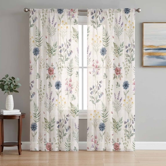 Beige Wildflowers Sheer Curtains 72 Inch Length 2 Panels Set, Farmhouse Summer Botanical Voile Window Treatment Rod Pocket Curtains Sheers Drapes for Bedroom/Living Room/Kitchen 52"x72"x2