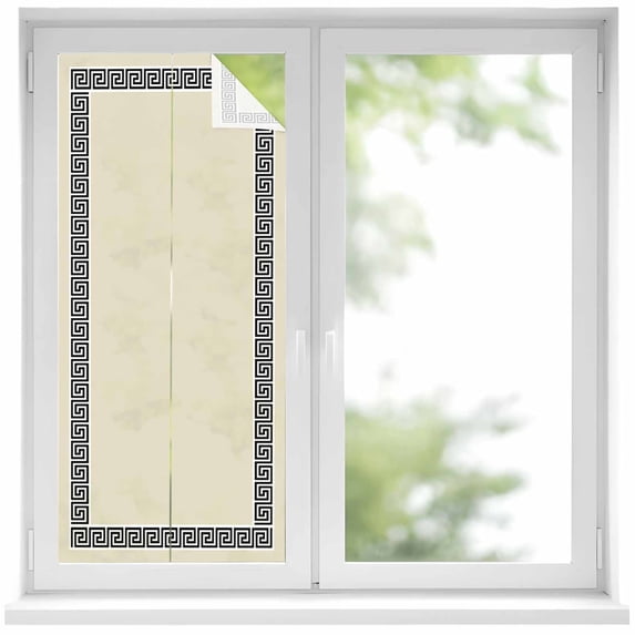 Beige Window Privacy Film Greek Chinese Style Border Geometric Decorative Glass Window Film UV Blocking Static Cling Non-Adhesive Sticker Covering for Home Door 17.7 x 39.3 inches