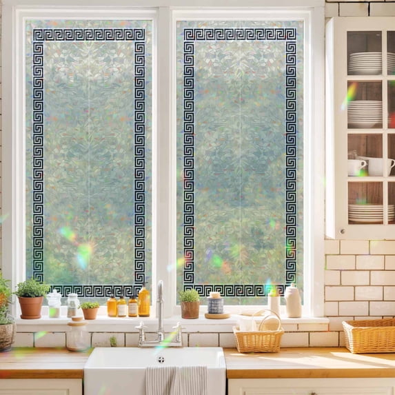 Beige Window Privacy Film Greek Chinese Style Static Cling Stained ...